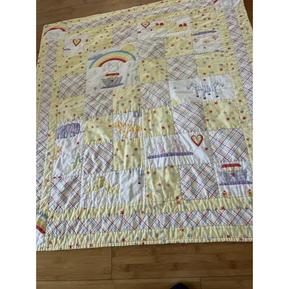 Vintage Handmade Childs Baby Quilt Rainbows Hearts Love Animal Patch Works Cotto